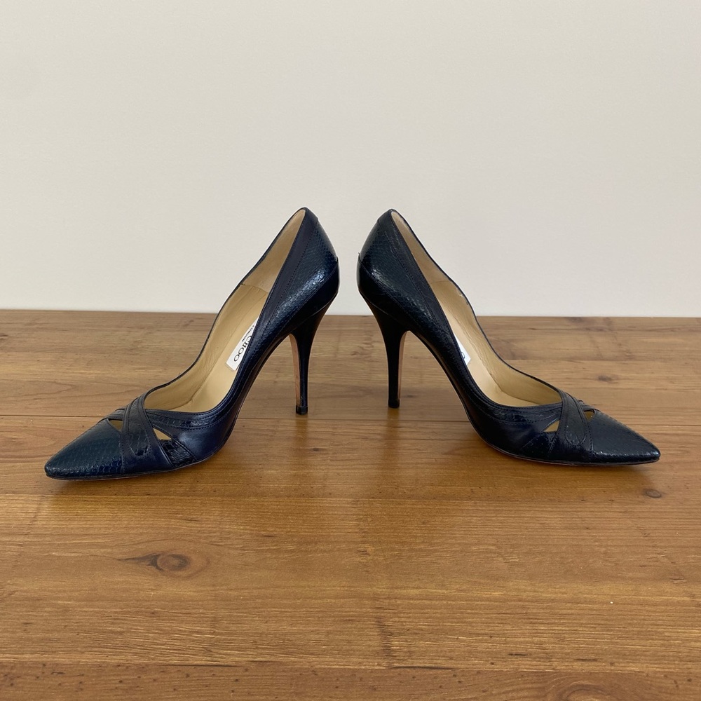 Jimmy Choo Textured Leather Dark Blue Heels - Picture 3 of 15